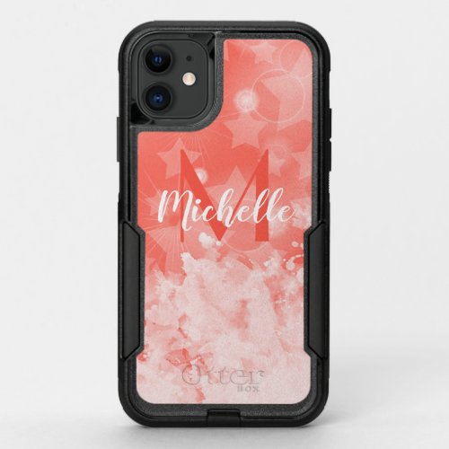 Coral pink Stars pattern Modern Chic Monogram Name OtterBox Commuter iPhone 11 Case