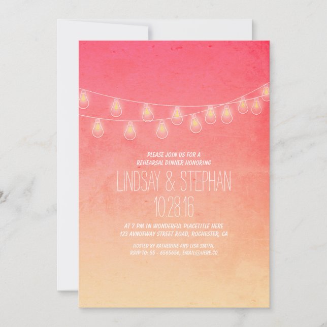coral pink string lights rehearsal dinner invites (Front)