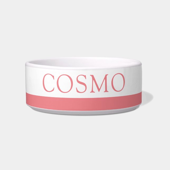Coral Pink Stripe Custom Pet Name Cat Dog Food Bowl (Front)