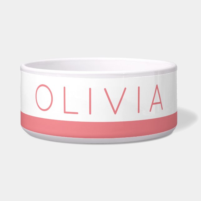 Coral Pink Stripe Personalized Name Pet Food Water Bowl (Front)