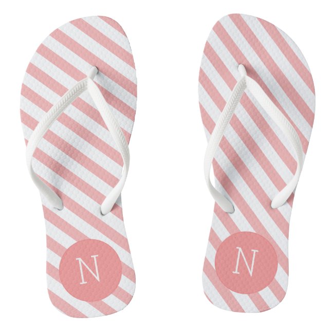 Coral Pink Striped Pattern Monogrammed Flip flops