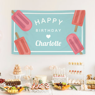 Coral & Pink Summer Popsicle Kids Birthday Banner