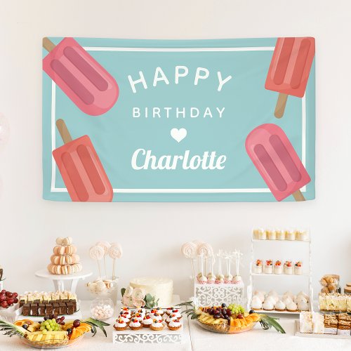 Coral  Pink Summer Popsicle Kids Birthday Banner