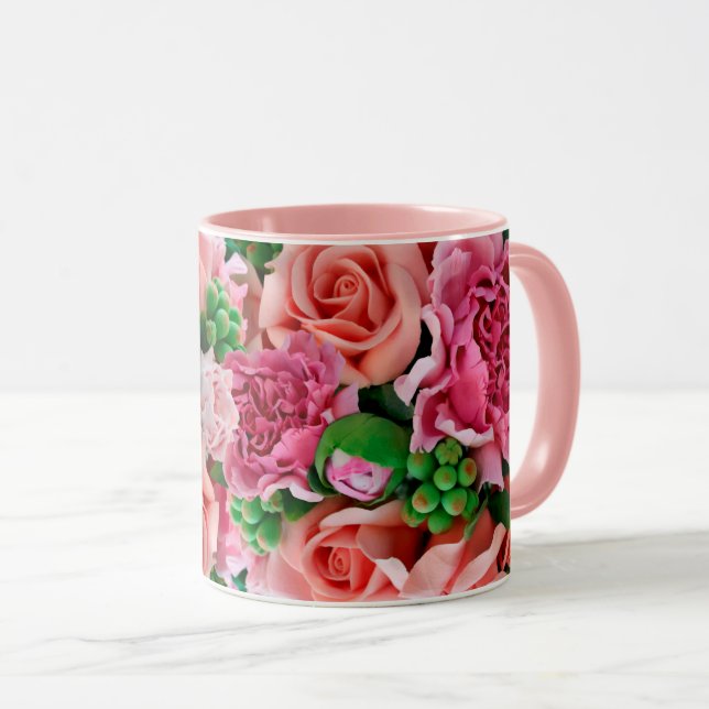 Coral & Pink Tea Rose Flowers Mug (Front Right)