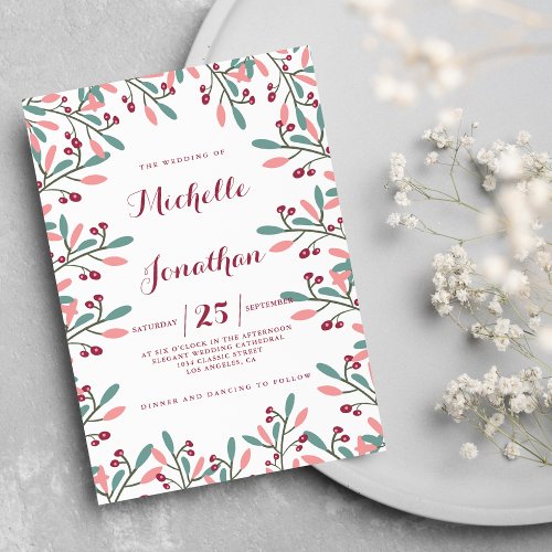 Coral pink teal burgundy berries floral wedding invitation