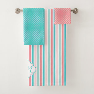 Coral Pink Teal Coordinated Bath Towel Set