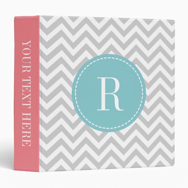 Coral pink teal gray chevron pattern 3 ring binder (Front/Spine)