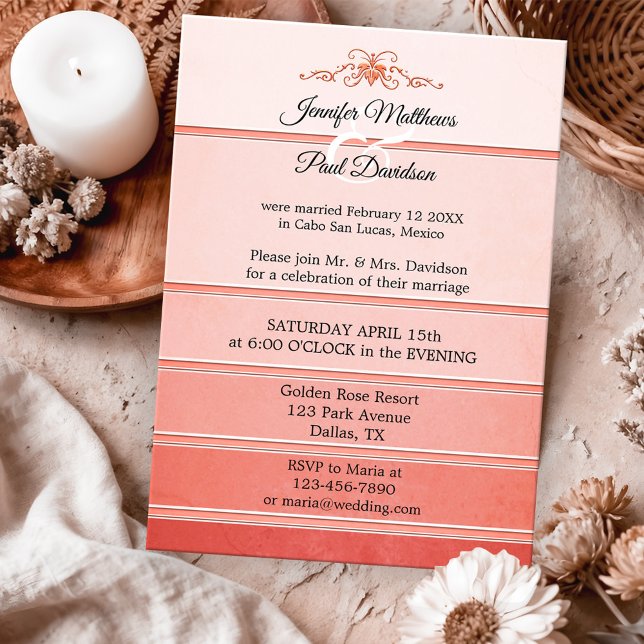 Coral Pink Ton sur Ton Striped Post Wedding Invitation (After wedding or post wedding invitation featuring a ton sur ton coral and pink striped design)