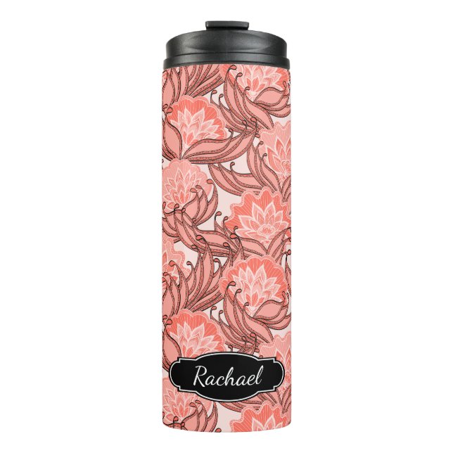 Coral Pink Tropical Floral Pattern with Monogram Thermal Tumbler (Front)