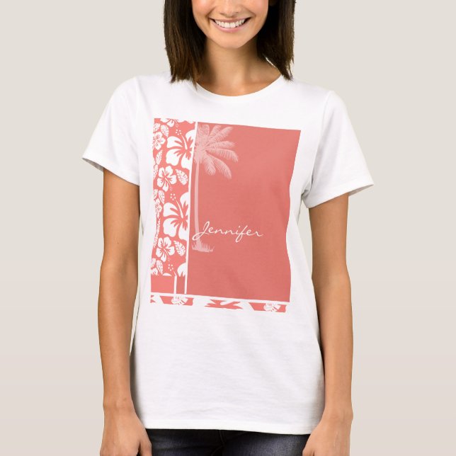 Coral Pink Tropical Hibiscus; Summer Palm T-Shirt (Front)