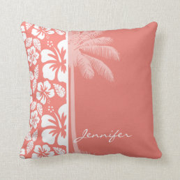 Coral Pink Tropical Hibiscus; Summer Palm Throw Pillow