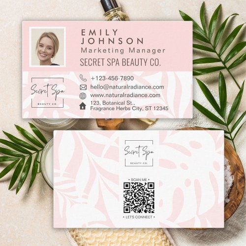 Coral Pink Tropical Leaf Beauty  Spa Photo QR Business Card