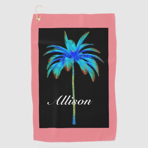 Coral Pink Tropical Palm Tree Personalized Golf Towel