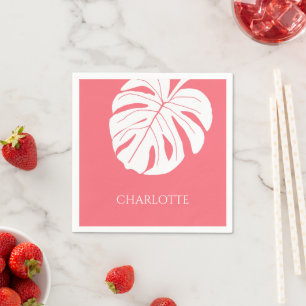 Coral Pink  Tropical Summer Palm Leaf Custom Name  Napkins
