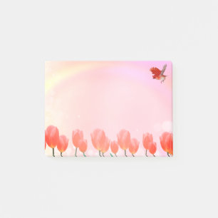 Coral pink tulip flowers & cardinal bird on pink post-it notes