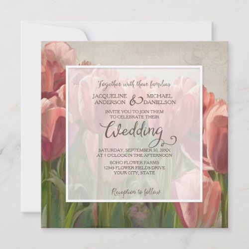 Coral Pink Tulip Spring Wedding Wood Wooden Rustic Invitation