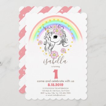 Coral Pink Unicorn Rainbow Girl 1st Birthday Cards by FancyMeWedding at Zazzle