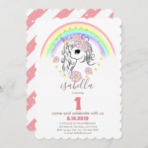 Coral Pink Unicorn RainBow Girl 1st Birthday Cards