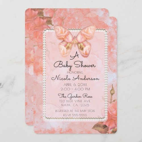 Coral Pink Vintage Butterfly Rose Baby Shower Invitation