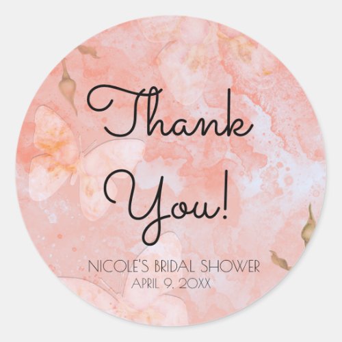 Coral Pink Vintage Butterfly Rose Bridal Shower Classic Round Sticker