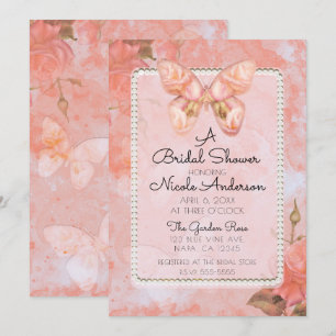 Coral Pink Vintage Butterfly Rose Bridal Shower Invitation