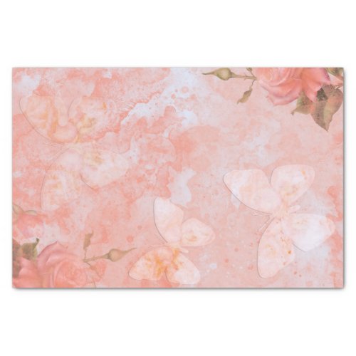 Coral Pink Vintage Butterfly Rose Bridal Shower Tissue Paper