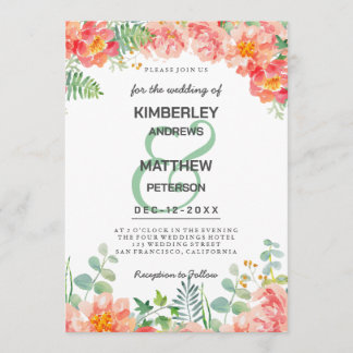 Coral pink watercolor botanical floral Wedding Invitation