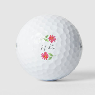 Coral Pink Watercolor Daisies   Golf Balls