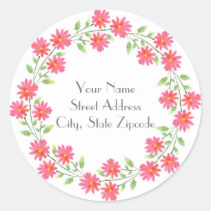 Coral Pink Watercolor Daisies Wreath labels