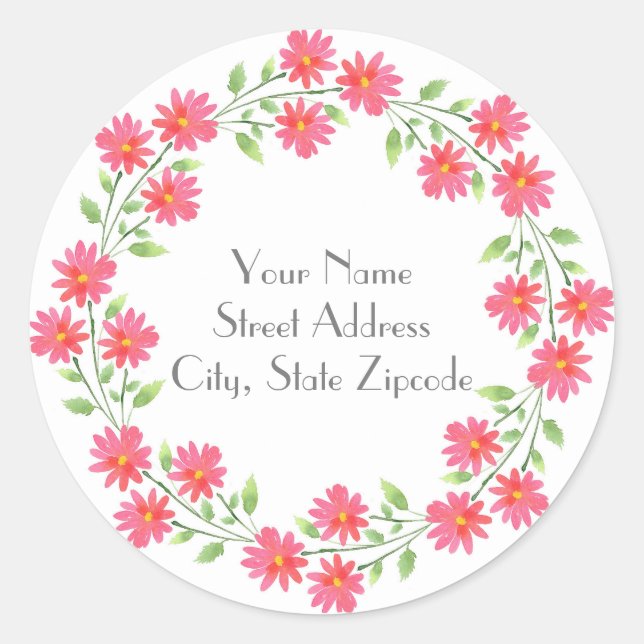 Coral Pink Watercolor Daisies Wreath labels (Front)
