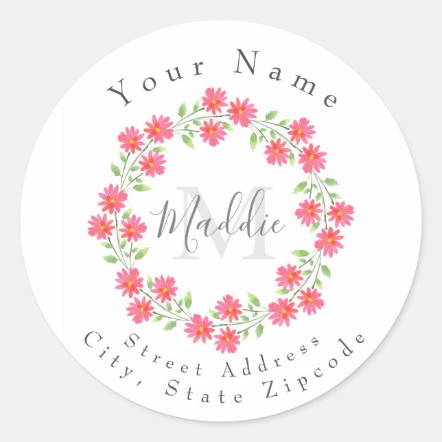 Coral Pink Watercolor Daisies Wreath labels (Front)
