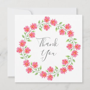 Coral Pink Watercolor Daisies Wreath Thank You Card