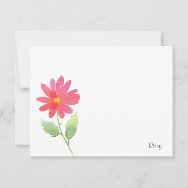 Coral Pink Watercolor Daisy Note Card (Front)