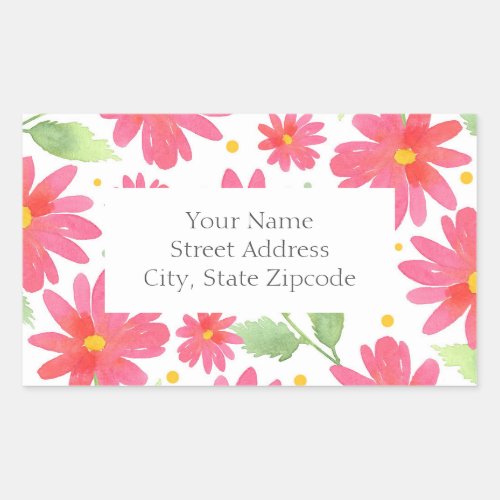 Coral Pink Watercolor Daisy Pattern 2 Rectangular Sticker
