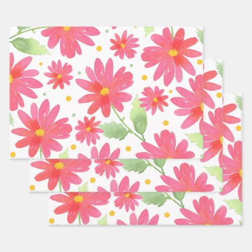 Coral Pink Watercolor Daisy Pattern 2 Wrapping Paper Sheets