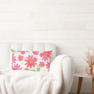 Coral Pink Watercolor Daisy Pattern Reversable Lumbar Pillow