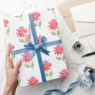 Coral Pink Watercolor Daisy Pattern Wrapping Paper