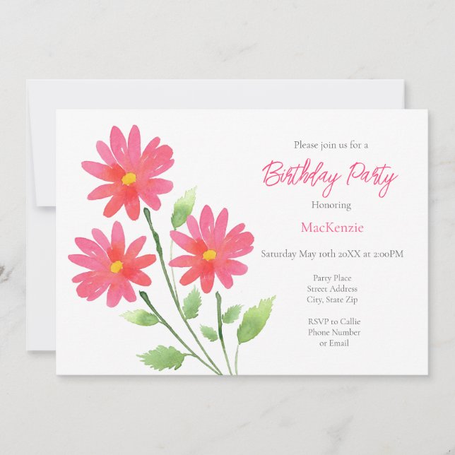  Coral Pink Watercolor Daisy Stems Invitation (Front)