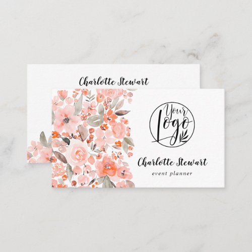 Coral pink watercolor event planner logo business card