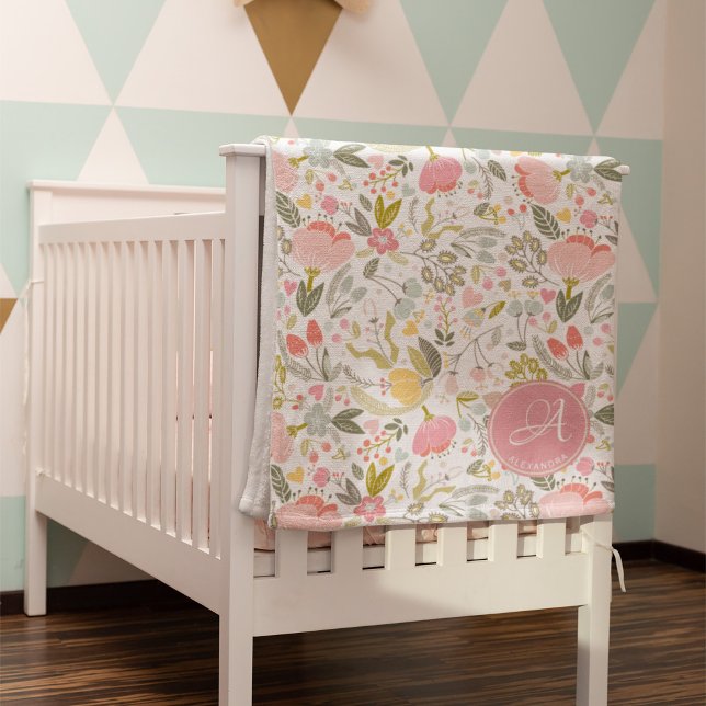 Coral Pink Watercolor Floral Pattern Monogram Name Baby Blanket (Creator Uploaded)