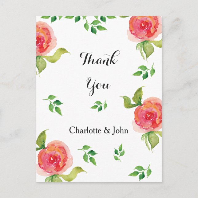 coral pink watercolor floral Thank You notes (Front)
