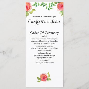 coral pink watercolor floral wedding programs