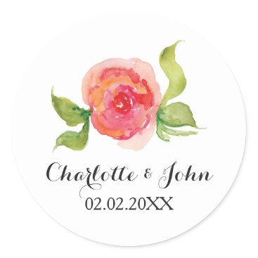 coral pink watercolor floral wedding stickers