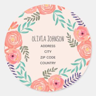 Coral Pink Watercolor Flower Bouquet Address Label