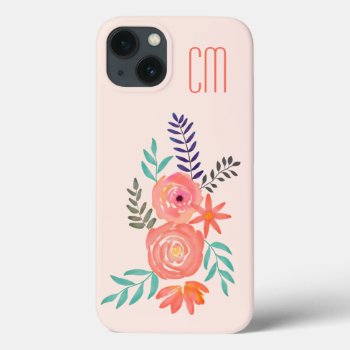 Coral Pink Watercolor Flower Bouquet    Monogram  Iphone 13 Case by DesignByLang at Zazzle