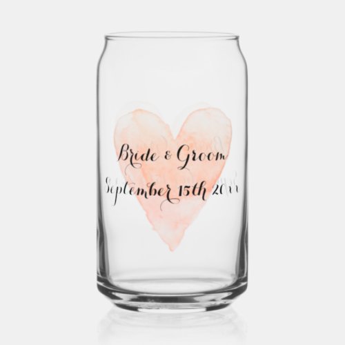 Coral pink watercolor heart logo wedding can glass