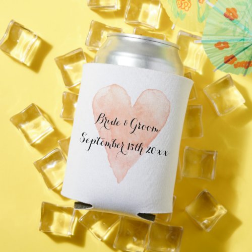 Coral pink watercolor heart personalized wedding can cooler