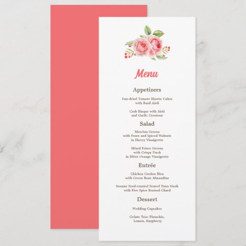 Coral Pink Watercolor Roses Wedding Menu Card