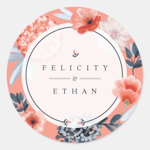 Coral Pink Watercolour Botanical Floral Wedding Classic Round Sticker