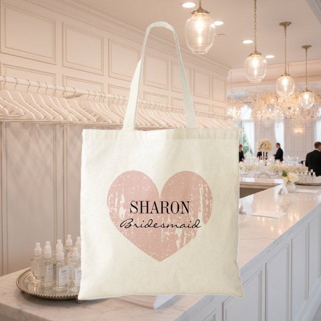 Coral pink weathered heart bridesmaid tote bags (bridesmaid tote bag with pink heart)